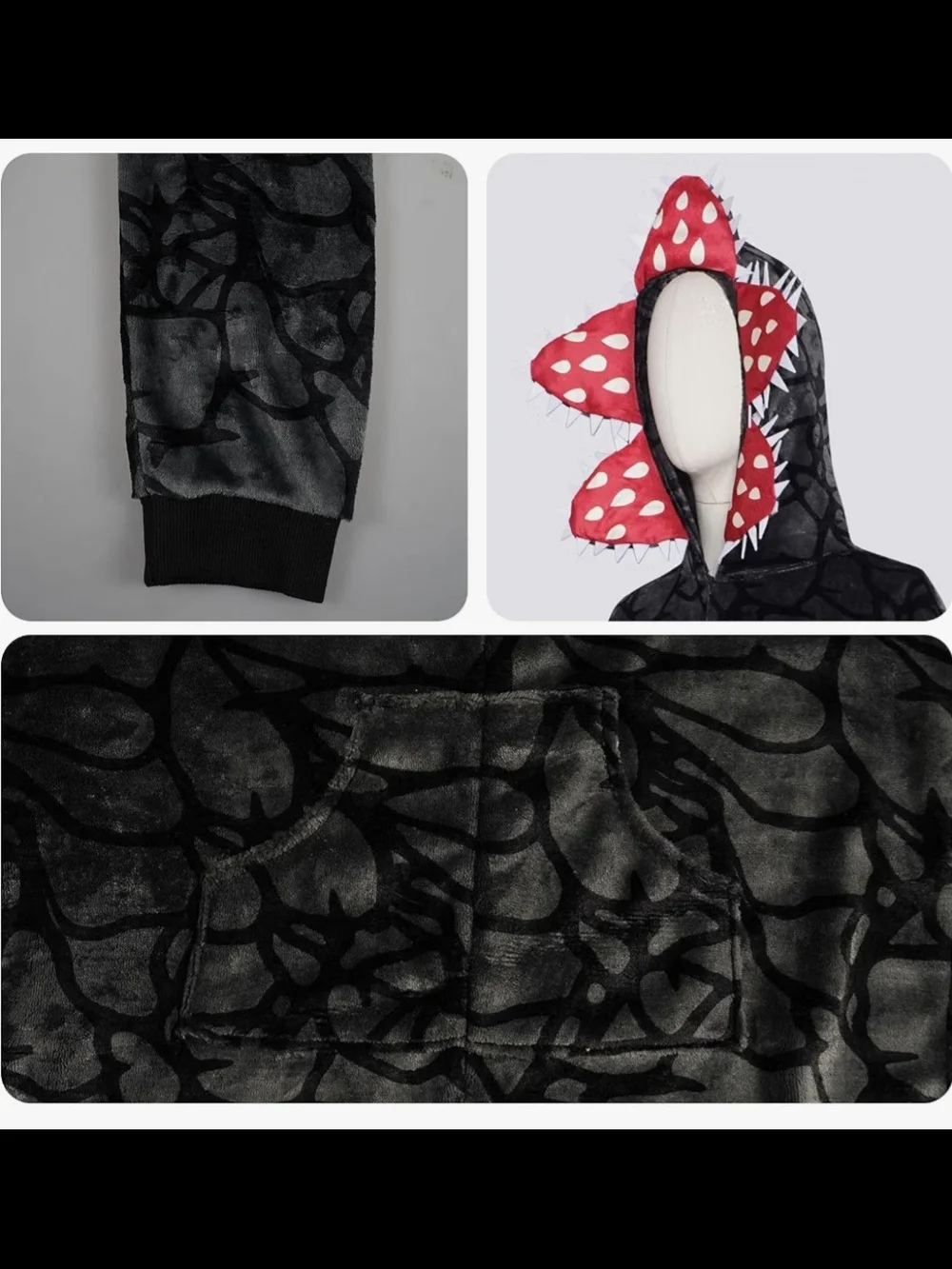 Stranger Things Demogorgon Onsie- Dark Gray with Red Hood Accents ADULT SMALL